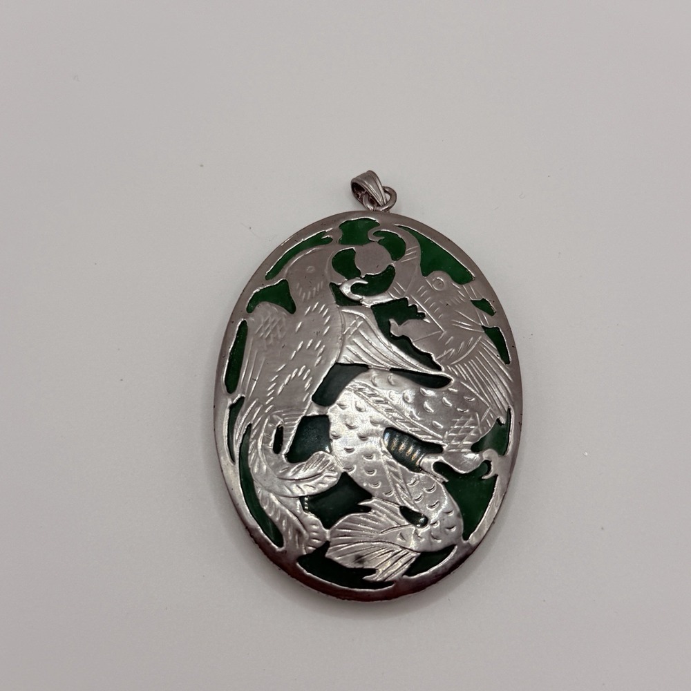 Dragon and Phoenix Bird Jade Pendant Vintage Large 2.5"H Oval Silver Green Asian